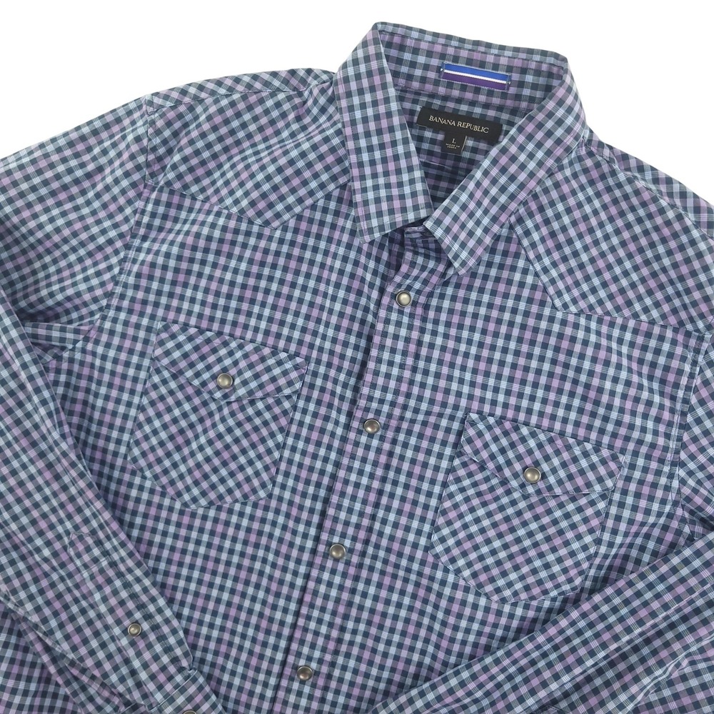 Banana Republic Shirt Mens L Blue Check Long Sleeve Snap Western Stretch Casual